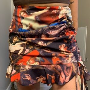 Renaissance Print Ruched Tie Mini Skirt w Ruffle